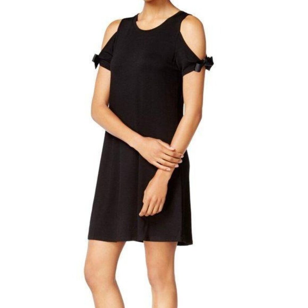Kensie black drapey french terry cold shoulder ribbon tie dress medium MSRP 69